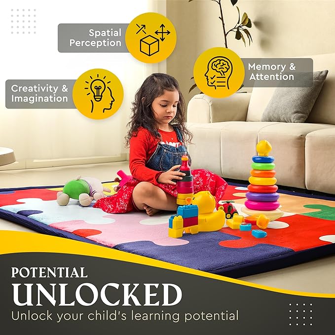 Puzzle Baby PlayMat Rug Extra Thick 3.5CM | Cloudsoft Coral Velvet Crawl Memory Foam Floor Mat | Anti-Spill | Anti-Slip | Toddlers Infants Kids Children | 60"x80" | Tummy Time | Padded Yoga Rug