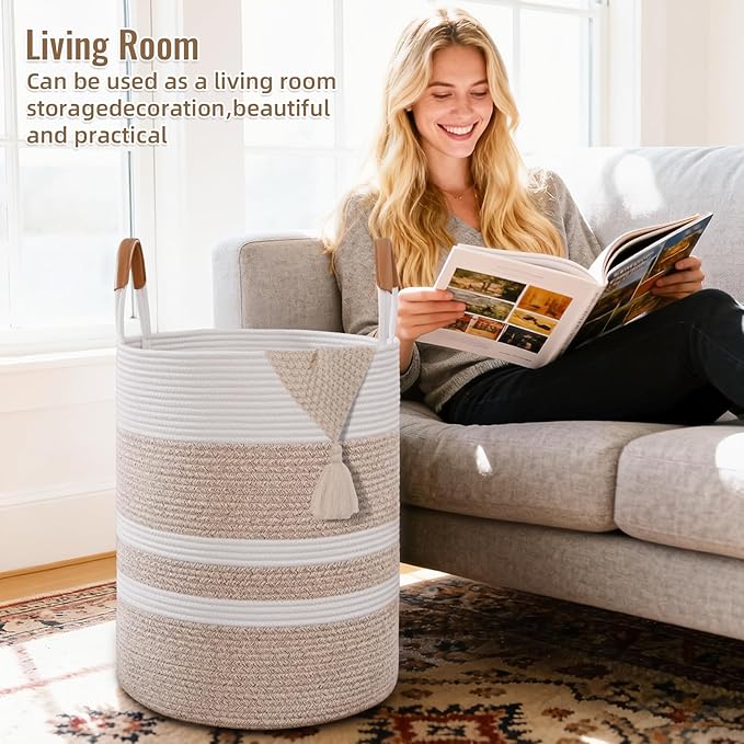 75L Striped Laundry Basket, Brown Laundry Hamper with Leather Handles, Woven Cotton Rope Storage Bin for Blankets, Nursery Hamper for Clothes, Toys In Bathroom, Livingroom, Bedroom