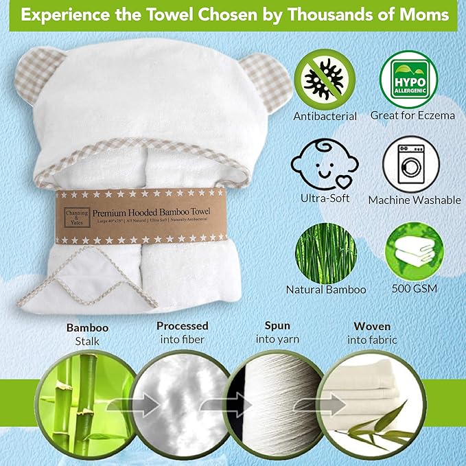 Channing & Yates Premium Boutique Hooded Baby Towels and 6 Washcloth Set - Organic Viscose Made from Bamboo Baby Towel with Hood Gift Bundle (Beige Set)