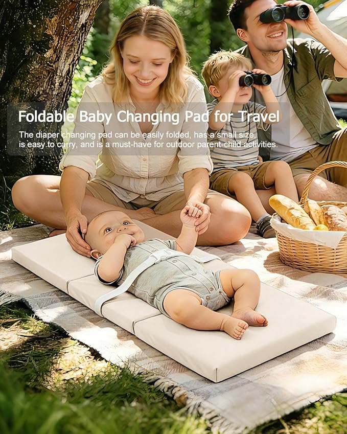 YACODAVO Foldable Baby Changing Pad with Vegan Leather Cover, Standard Side Waterproof & Wipeable Changing Pad for Toddler, Flat Foam Travel Diaper Changing Pad for Dresser and Table, White