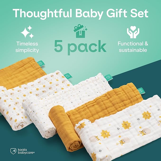 Koala Babycare 5 Pack 20"x10" Muslin Burp Cloths for Baby Boys and Girls - GOTS & Oeko-TEX Cotton Burp Rags for Newborns - Absorbent Neutral Burping Cloths for Feeding - Washable Baby Bibs Essentials