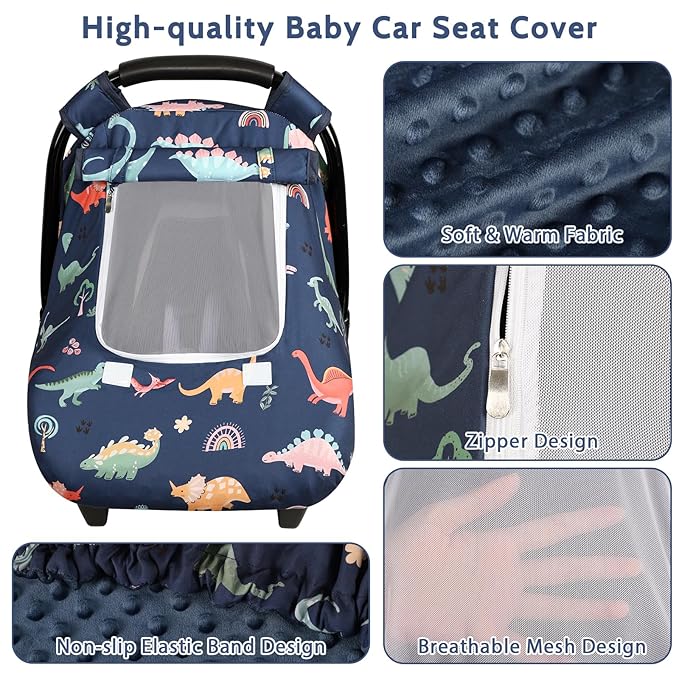 Car Seat Cover Baby, Anti-Kick Carseat Covers Baby Boy, Warm Minky Infant Car Seat Canopy with Breathable Mesh Window, Multi-Use Cover Protecting Baby from Wind, Sun, Strangers, Blue Dinosaur