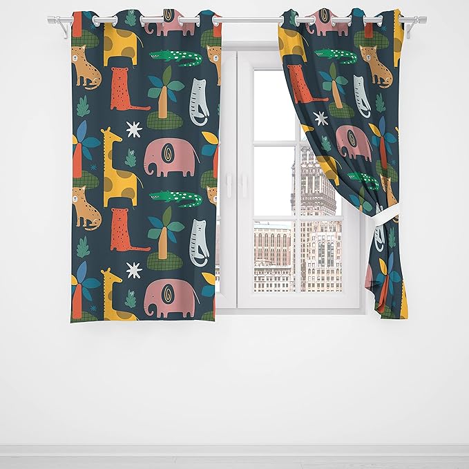 Kids Blackout Curtains,Blackout Curtains for Bedroom Jungle with Funny Animals Giraffe Elephant Tiger Leopard Crocodile Home Decorations Curtain 52x84inch(132x213cm)