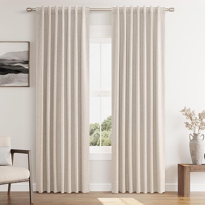 Guken Oatmeal 100% Blackout Curtains 80 Inch Length 2 Panels Set for Living Room Bedroom Back Tab Thermal Insulated Black Out Linen Drapes Room Darkening Window Curtains 80 Inches Long