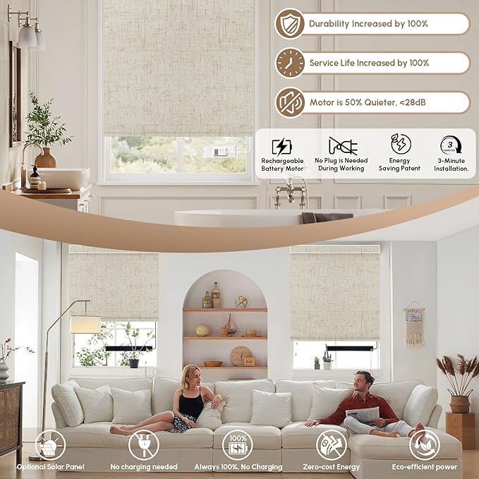 Kincmo No Drill Motorized Blinds with Remote, 100% Blackout Roller Shades for Windows, Custom Electric Blinds Compatible with Alexa, Apple Homekit, Google Home (100% Blackout Linen Stone)