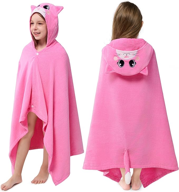 Joiedomi Hooded Towel for Kids Soft 100% Cotton Bath Beach Towel 30" x 50" for Kids 3-10 Years Toddler Pool Poncho with Hood Absorbent Swim Wrap for Boys Girls Pink Cat