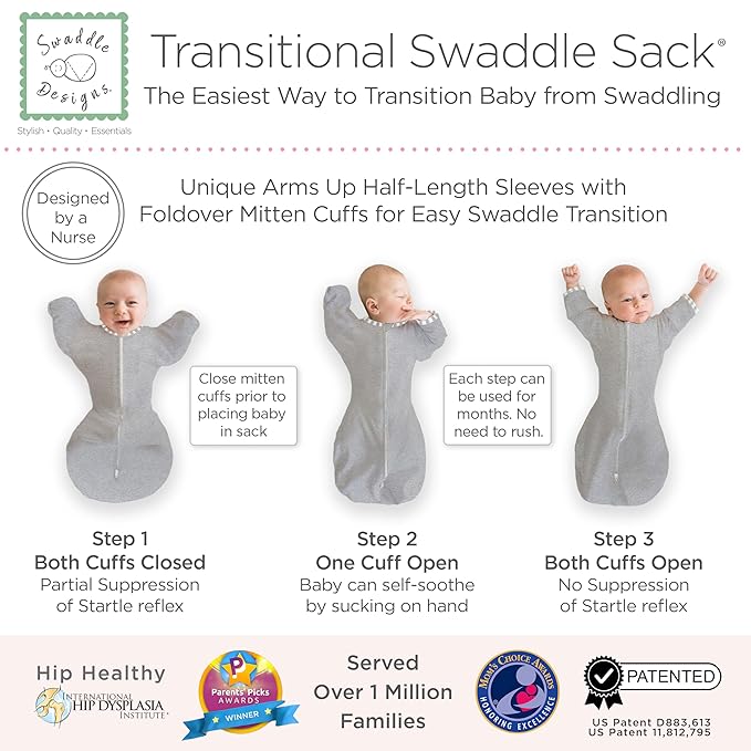 SwaddleDesigns Transitional Swaddle Sack, Arms Up Half-Length Sleeves & Mitten Cuffs, Swaddle for Newborn Transition to Baby Sleep Sack Wearable Blanket, 0-3 Month, 6-14 lb, Gray with Striped Trim