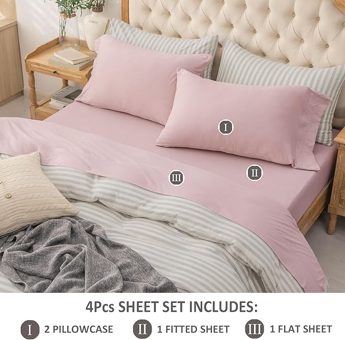 PURE ERA Jersey Knit 4pc Bed Sheet Set 100% T-Shirt Cotton Super Soft Comfy Breathable Fits Mattress Up to 20" Extra Deep Pocket (Solid Light Pink, Queen)