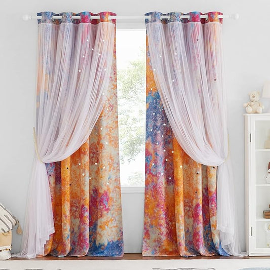 NICETOWN Rainbow Curtains - Double Layer Curtains 63 Inches Long with Sheer Grommet Nursery Blackout Star Hollow-Out Window Panels for Living Room, 52" W, 1 Pair, Yellow & Pink