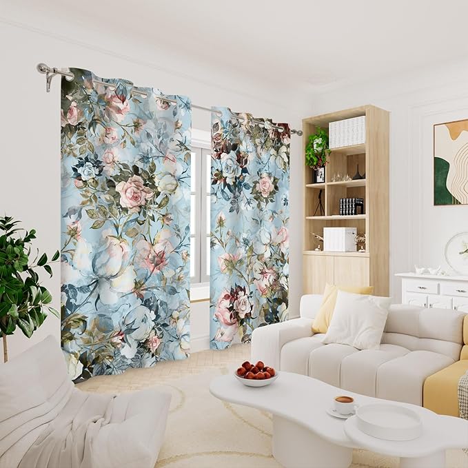 Renaiss Blue Floral Blackout Curtains, Flowers Printed Window Curtains for Bedroom Thermal Insulated Energy Saving Curtain Panels Vintage French Style Grommet Window Drapes for Living Room 42W x 63L