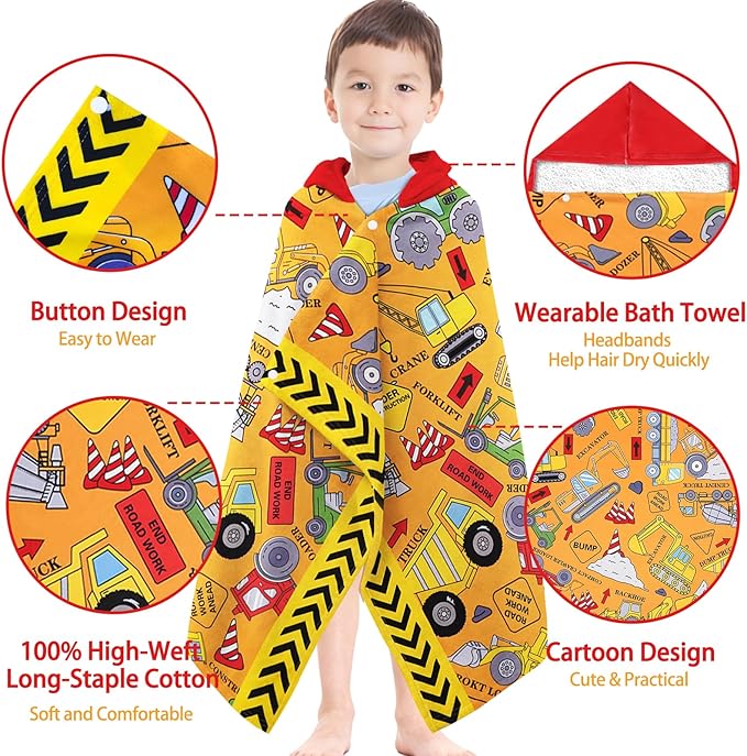 Hooded Beach Towels for Kids - Ultra Soft 100% Cotton Excavator Toddler Hood Bath Towels/Pool Terry Towel Beach Poncho Wrap Absorbent Cute Bath & Swim Wrap Gift for Boys & Girls 3-10 Years - Yellow