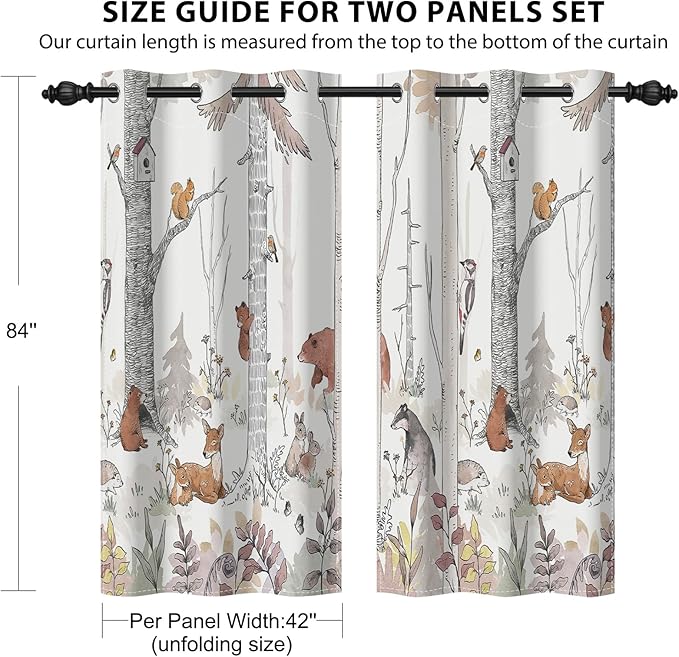 Kids Blackout Curtains for Nursery, Boy's Woodland Animal Print Curtains for Bedroom, Cartoon Room Darkening Window Drapes 2 Panels Set, White, 42W x 84L