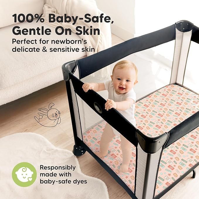 Pack and Play Sheets Fitted - 2-Pack Mini Crib Sheets for Pack N Play Mattress 38x26, Soft & Cozy, Neutral Toddler Playard Bedding, Snug Fitted Mini Baby Crib Mattress Cover Boy, Girl (Beach Day)