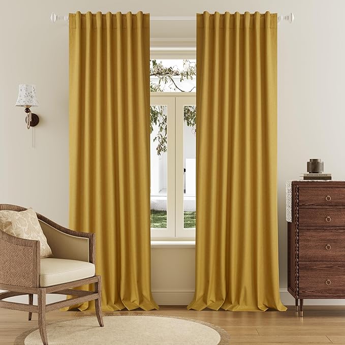Yellow 102 Inch Length Curtains, 100% Blackout Curtains 84 Inch Extra Wide for Bedroom Thermal Insulated Noise Cancelling Pleated Heading Tape Ring Back Tab Kids Boho Drapes 2 Panel Set 84x102