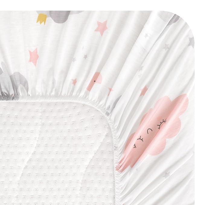 TILLYOU Baby Bassinet Sheets for Girls Boys 2 Pack Baby Sheets for Square Rectangle Oval Bassinet Mattress 33X16 Inch, Elephant & Cloud Pink