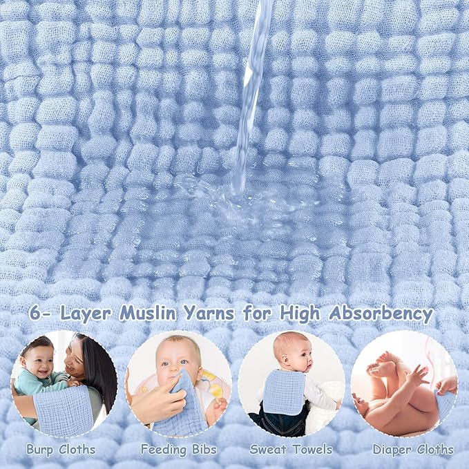 Looxii Muslin Burp Cloths 100% Cotton Muslin Cloths Large 20''x10'' Extra Soft and Absorbent 6 Pack Baby Burping Cloth for Boys and Girls (Blue)