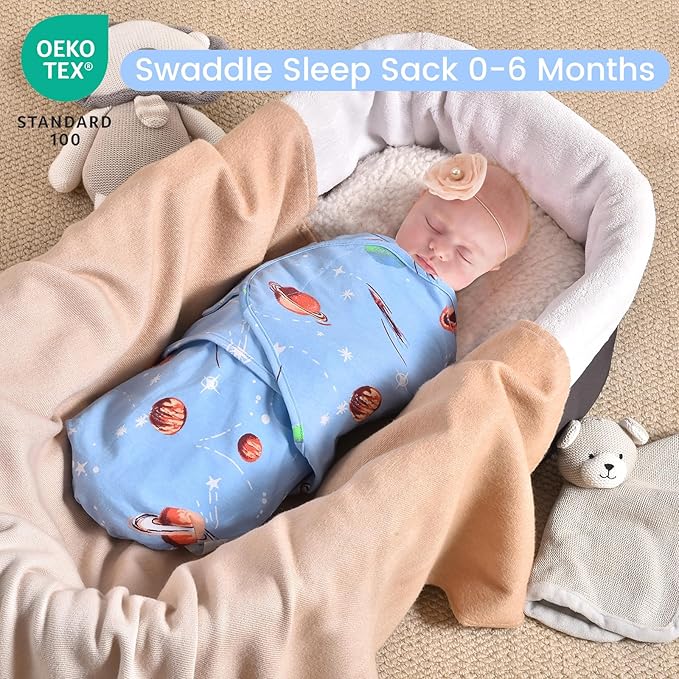 david's kids 100% Cotton 3 Pack Baby Swaddle Wrap for 0-3 Months, Soft Breathable Swaddle Blanket for Newborn Infant, Adjustable Baby Wrap Sleep Sacks for Boys Girls, Newborn Essentials, Space