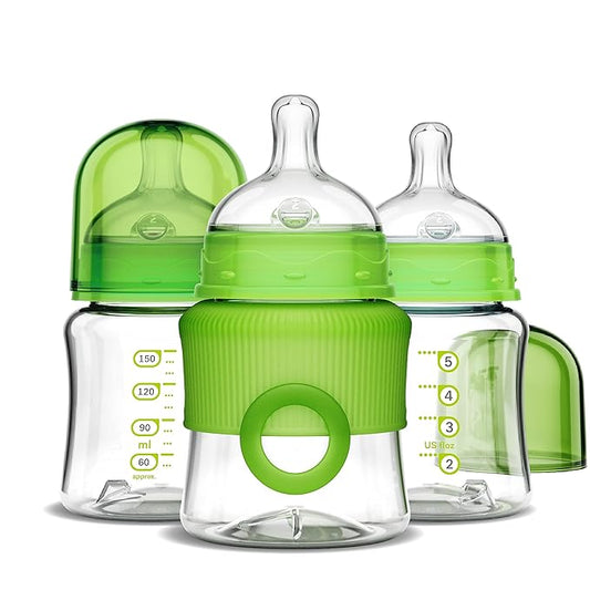 Smilo Baby Bottle Set with Stage 0 Slow Flow Anti Colic Nipple, 5 Oz / 150 ml Capacity, 3X Pack of Anti Colic Baby Bottles 0-3 Months - Green
