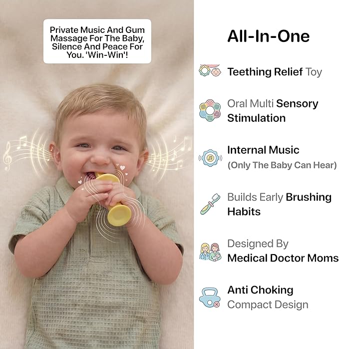 Vibrating Baby Teether & Toothbrush l Teething Relief & Bone Conduction Music l Soft BPA-Free Silicone Baby teethers, Oral Sensory chew Toys for Kids & Babies,Teething Toys 9-24 Months, Blue