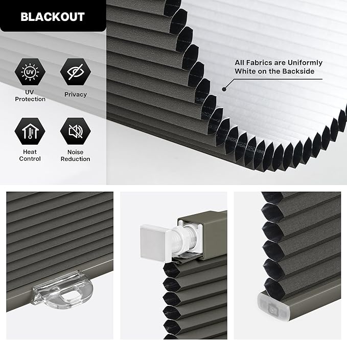 LazBlinds Cordless Cellular Shades, No Tools No Drill Blackout Honeycomb Shades Pleated Blinds for Windows, 32'' W x 48'' H, Midnight Black