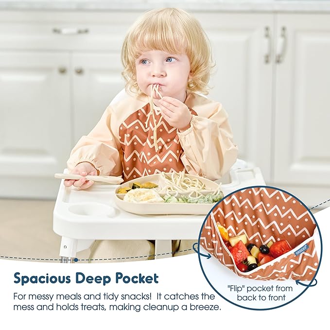 GRSSDER 2 Pack Long Sleeve Baby Feeding Bibs, Super Soft Lightweight Waterproof Coverall Baby Led Weaning Bib with Large Food Catcher Pocket, Adjustable and Easy Clean for 6-30 Months