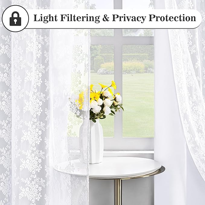Yinhua Double Layer White Curtains for Living Room Blackout Curtains for Bedroom 84 Inch Length 2 Panels Set Kid Curtain with Tiebacks, Grommet Drapes with Floral Sheer Overlay, 52" W x 63" L