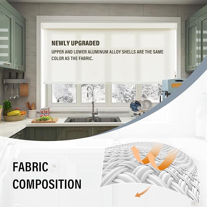 AOSKY Light Filtering Roller Shades Cordless Blinds for Windows, 1% Openness Free-Stop Shades with Valance, Thermal Insulated Fabric, UV Protection, Natural Woven Blinds（38" W x 72" H, Ivory）