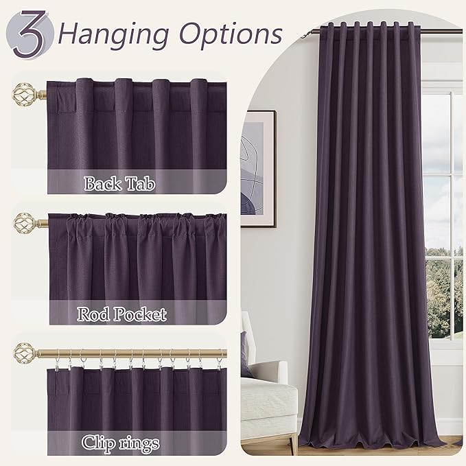 Guken 100% Blackout Curtains 63 Inch Length 2 Panels Set for Living Room Bedroom Back Tab Thermal Insulated Black Out Linen Drapes Room Darkening Window Curtains 63 Inches Long,Plum