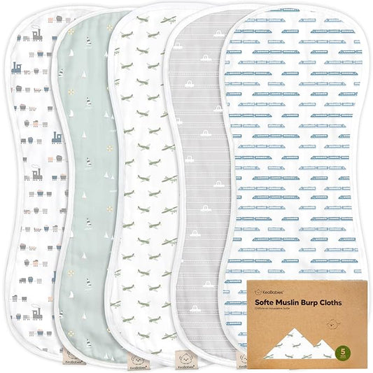 5-Pack Muslin Burp Cloths Baby Boy, Girl - Very Absorbent Baby Burp Cloth Rags, 8-Layers Viscose Derived from Bamboo Cotton Muslin Towel, Super Soft Spit Up Rags, No Shrink Washcloths (Vessels)