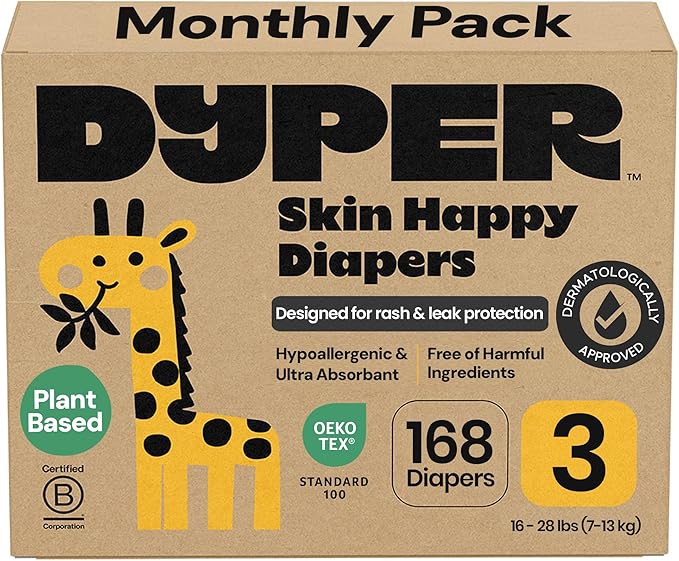 DYPER Monthly Pack Baby Diapers Size 3 (16-28 lbs) 168 Count - Leak-Proof & Plant Based, Hypoallergenic and Ultra Absorbent Size 3 Diapers for Day and Overnight Skin Protection (Packaging May Vary)