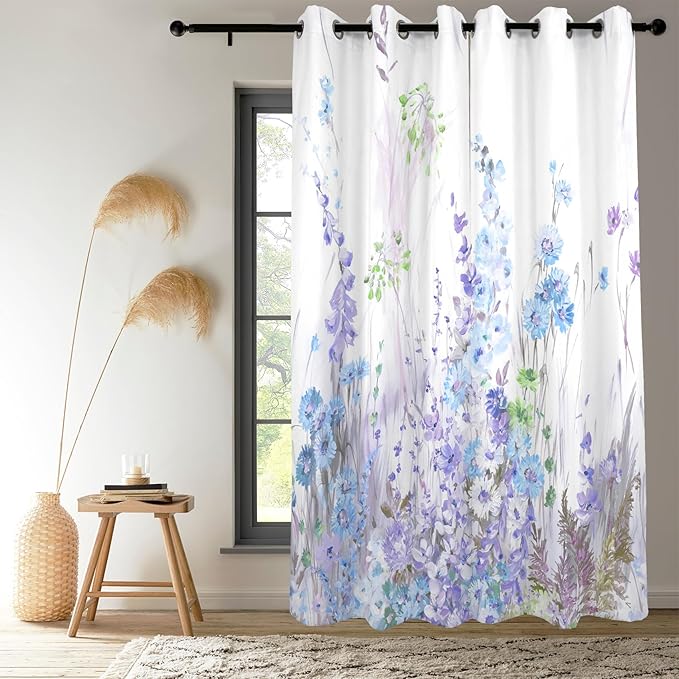 Renaiss Purples Blue Floral Print Blackout Curtains, Pastel Wild Flowers Thermal Insulated Bedroom Window Curtains, Spring Floral Art Window Curtains for Kitchen, 55" L x 29" W 2 Panel Set