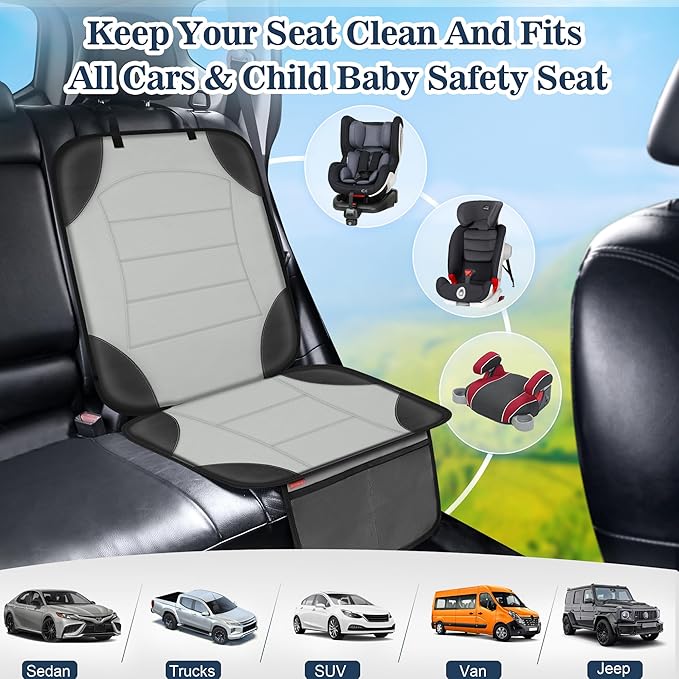 Sinvitron Car Seat Protector for Child Car Seat - Waterproof Non-Slip Leather Mat with 2 Mesh Pockets, Universal Seat Cover for Baby, Pets & Vehicles(2-Pack, Grey)
