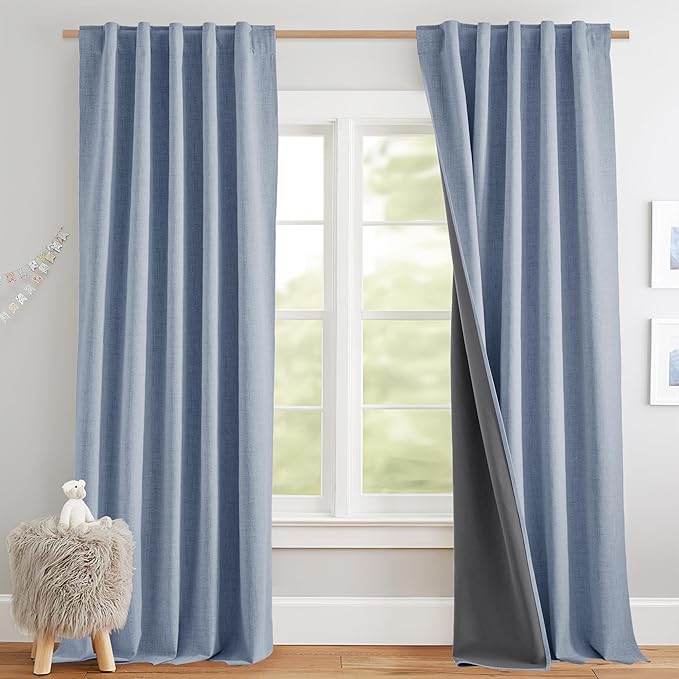 NICETOWN Full Blackout Back Tab Linen Curtains 84" Long 2 Panels Set, Boho-Chic Thick Linen Blend Drapes, Insulated Window Covers with Gray Backing for Bedroom, Living Room (Stone Blue, 42" Wide)
