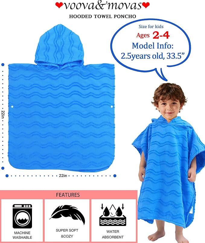 Toddler Bath Towels with Hood, Oversized (2-4Years,22"X22") Made from 100% Soft Cotton,Absorbent Hooded Poncho Towel for Baby Boy,Perfect for Pool | Swimming | Bath | Beach,Jacquard Blue Wave