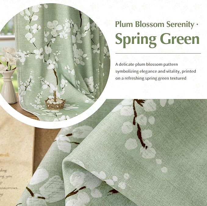 FMFUNCTEX 100% Blackout Floral Curtains for Bedroom, Sage Green Curtains 84 inch Length Blossom Patterned for Living Room, Thermal Insulated Farmhouse Drapes, Rod Pocket 2 Panels (White on Green)