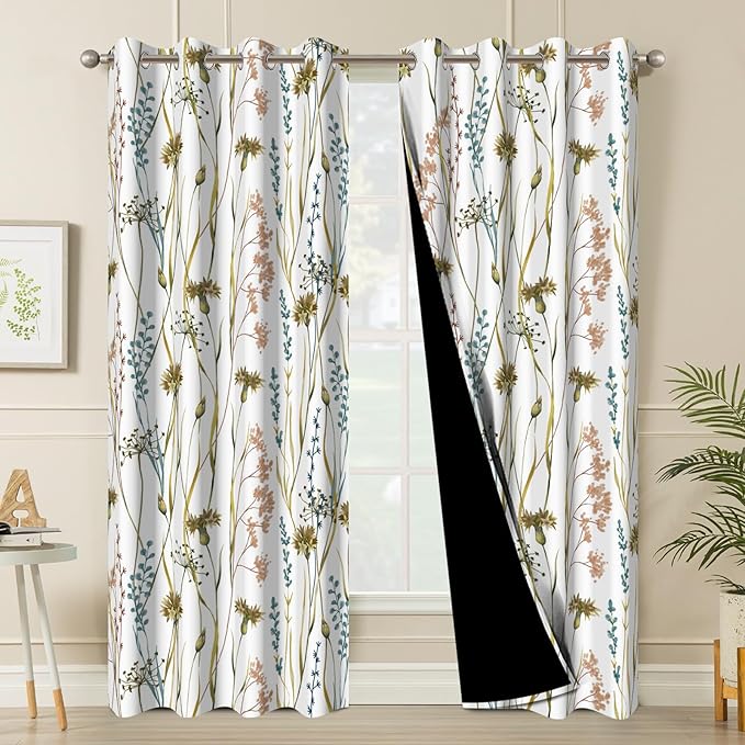 Floral Blackout Curtains for Bedroom and Living Room, Black Out Window Curtains 84 Inch Long 2 Panels Set, Grommet Room Darkening Soundproof Privacy Thermal Insulated Blackout Curtains for Winter