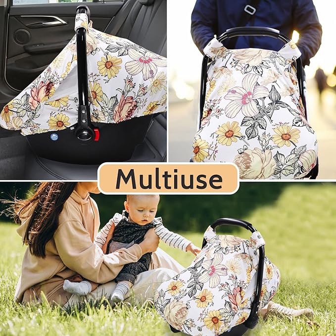 Floral Baby Car Seat Cover for Girl,Infant Carseat Canopy Sun Cover，Baby Carrier Cover with Zipped Peep Windows and Breathable Mesh, Stretchy 3in1Multi-use Stroller Cover