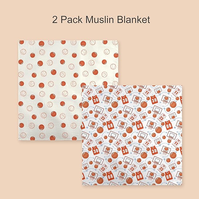 70% Rayon Made from Bamboo 30% Cotton Muslin Swaddle Blanket, 47 x 47 Inches, Basketball Print Baby Receiving Blanket, Soft and Breathable, Unisex, 2 Pack