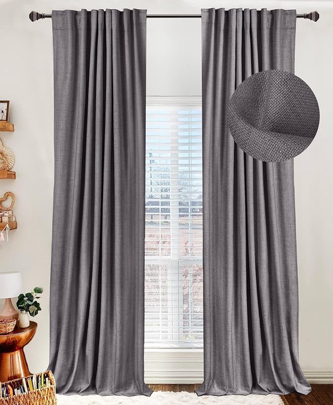100% Blackout Shield Linen Blackout Curtains for Bedroom 90 Inches Long, Back Tab/Rod Pocket Living Room Drapes, Thermal Insulated Blackout Curtains 2 Panels Set, 50" W x 90" L, Darkgray
