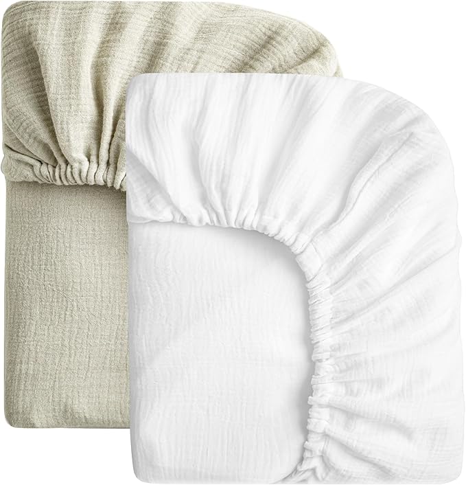SOULFUL Muslin Crib Sheets for Boys Girls, 2 Pack Soft and Breathable Cotton Fitted Crib Sheets for Standard Crib Mattress (28"x 52", White & Mist Sage)
