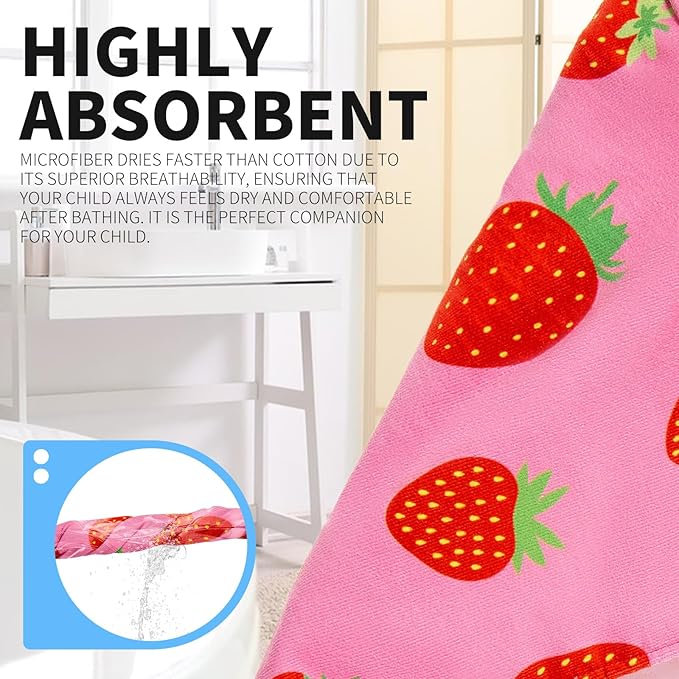 OLAOLA Strawberry Hooded Towel for Kids 3-12 Years, 28" x 53" Soft Thick Absorbent Beach Towels, Toddler Bath Towel Wrap Swim Pool Towels Poncho for Boys Girls