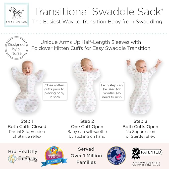 Amazing Baby Transitional Swaddle Sack with Arms Up Half-Length Sleeves and Mitten Cuffs, Medium, 3–6 months, 14-21 lbs, Tiny Elephants, Pink (Arms Up Swaddle, Transition Swaddle Sleep Sack)