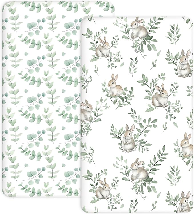 Crib Sheets for Boys and Girls, 2 Pack Fitted Baby Sheets for Standard Toddler Mattress 28" x 52", Soft Breathable Jersey Knit Baby Bedding (Bunny Meadow)