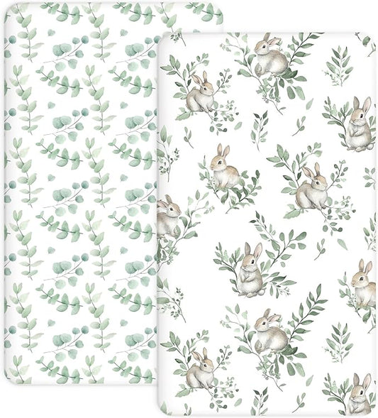 Crib Sheets for Boys and Girls, 2 Pack Fitted Baby Sheets for Standard Toddler Mattress 28" x 52", Soft Breathable Jersey Knit Baby Bedding (Bunny Meadow)