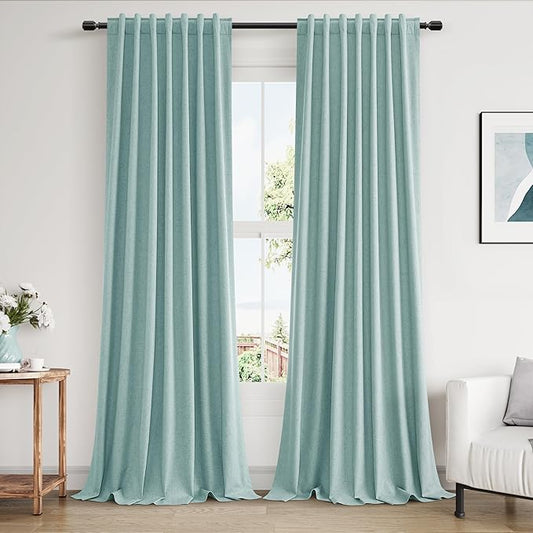 Guken 100% Blackout Linen Curtains 90 Inch Length 2 Panels Set for Living Room Bedroom Back Tab Thermal Insulated Black Out Linen Drapes Room Darkening Window Curtains,Light Blue