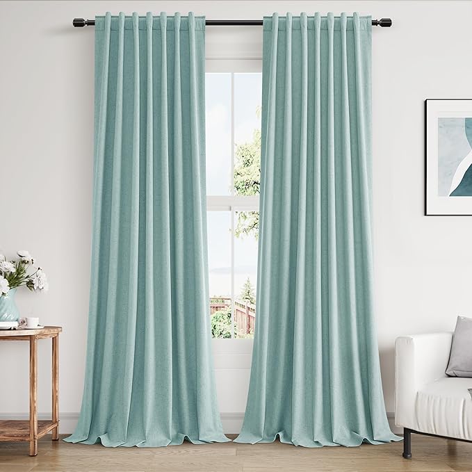 Guken 100% Blackout Linen Curtains 100 Inch Length 2 Panels Set for Living Room Bedroom Back Tab Thermal Insulated Black Out Linen Drapes Room Darkening Window Curtains,Light Blue