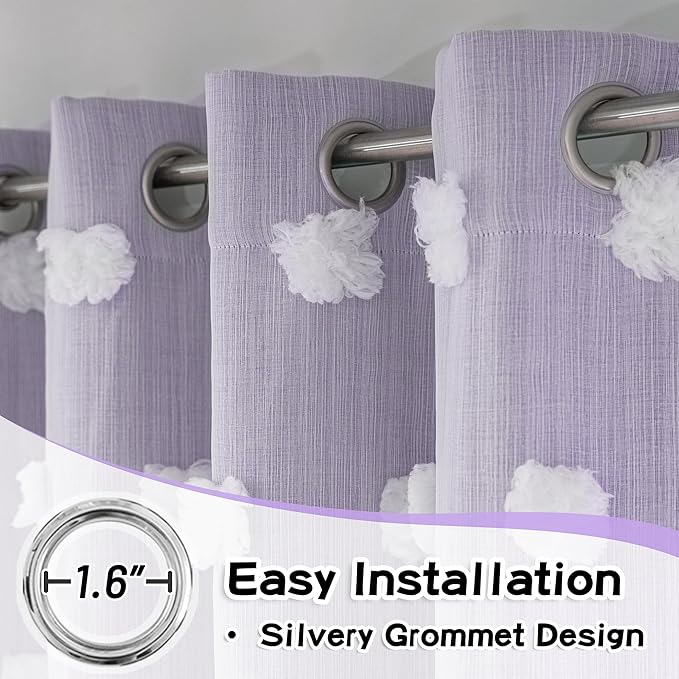 MYSKY HOME Lilac Curtains for Girls Bedroom Kids Curtain White Pom Pom Sheer Window Curtains 2 Panels Grommet Room Darkening Double Layer Nursery Curtains 63 Inches Length, Light Purple, W52 X L63