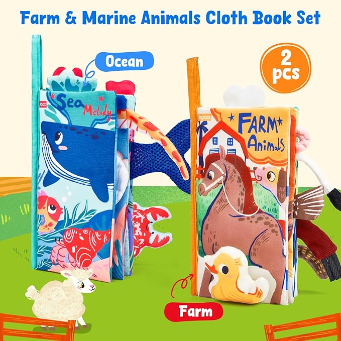 JoyCat 2-Pack Baby Cloth Books 0-6-12 Months - Farm & Ocean Infant Sensory Toys - Tummy Time Mirror & Montessori Developmental Learning - Valentine & Easter Basket Stuffers Gift Set