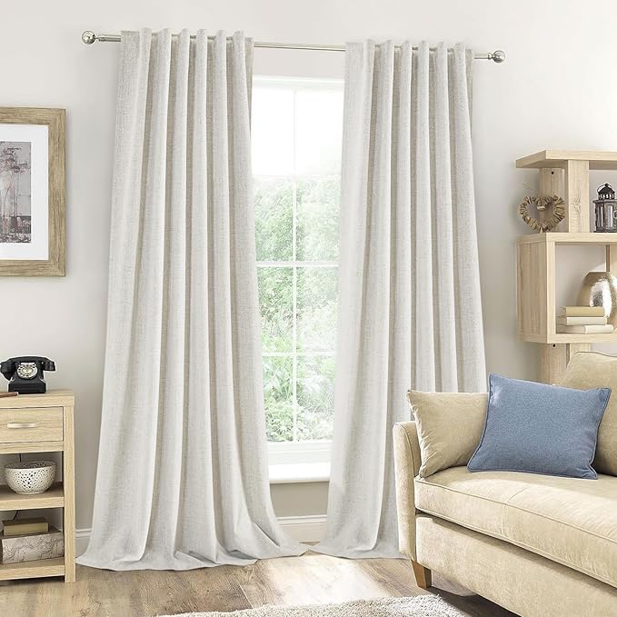 100% Blackout Linen Curtains 96 inch Length - 2 Panels Set Thermal Insulated Black Out Drapes for Living Room Bedroom Back Tab/Rod Pocket Room Darkening Window Curtain 8 FT