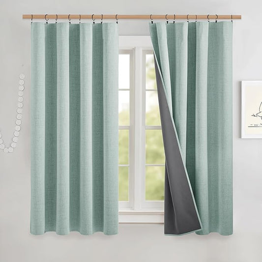 NICETOWN Seafoam Green Short 100% Blackout Curtains 63" Lenghth Burg for Kitchen, Burlap Linen Drapes with Thermal Insulated Grey Liner, Keeping Out Cold Air and Heat Panels (Set of 2, 52" Width)